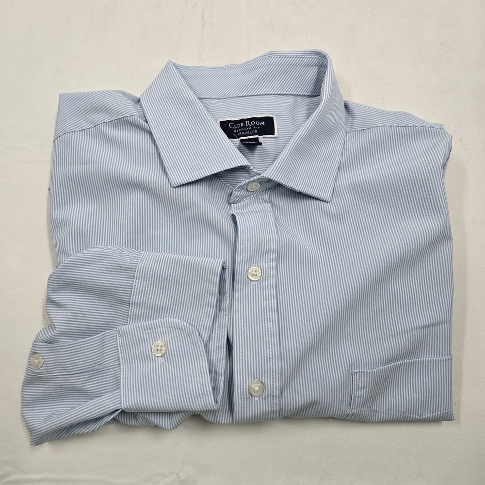 Club Room Mens Light Blue White Striped Shirt Long Sleeve Button Down 18.5 34/35